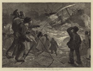 岩の上の蒸気船、ロケットを発射する生命旅団 作： Charles J. Staniland